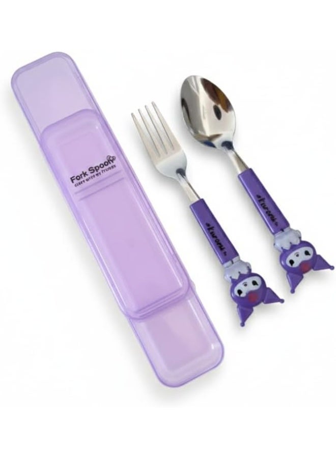 Happy Hugs Stainless Steel Fork Spoon Cutlery Set with Case, Purple color, Character Design, 2 Pieces portable set - Image 3